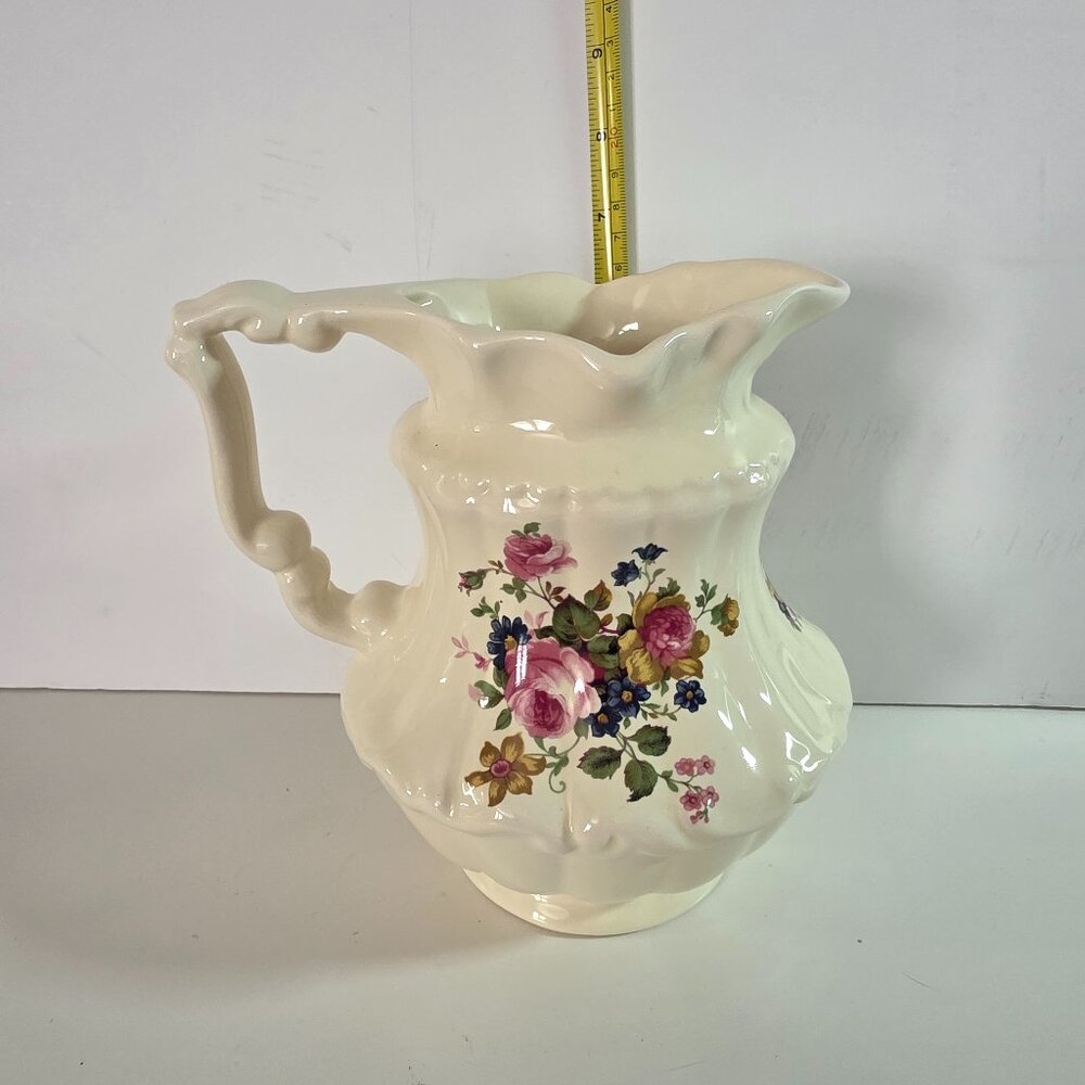 Vintage Athena Off White Ceramic Pitcher with Pink Floral Pattern  7" Excellent!